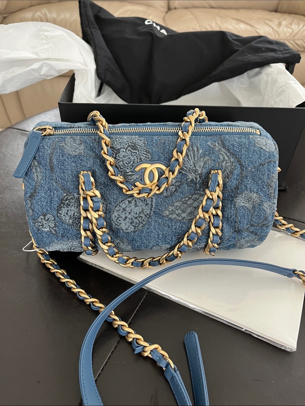 Chanel Denim Printed Destination Chenonceau Bowling Bag